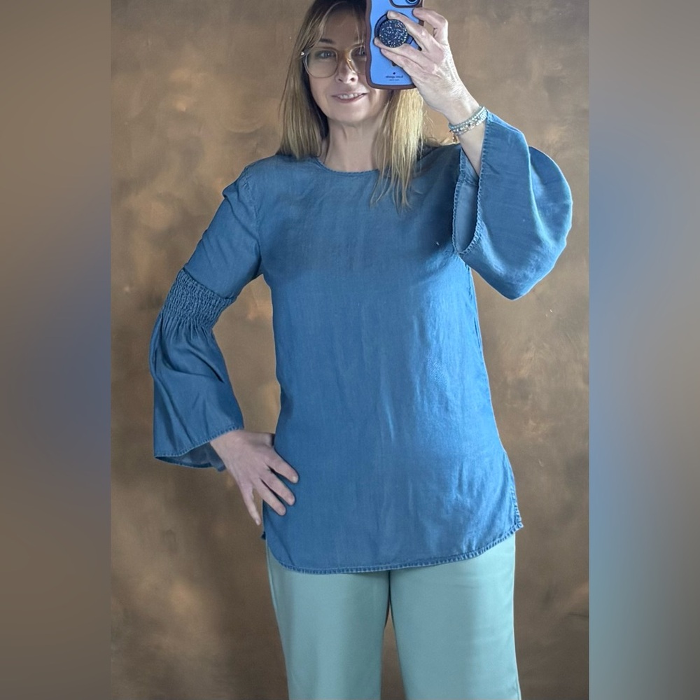 Michael Kors Denim-Blue Smocked Bell-Sleeve Tunic